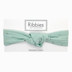 英國 Ribbies - 兒童寬版扭結髮帶-薄荷綠金點點