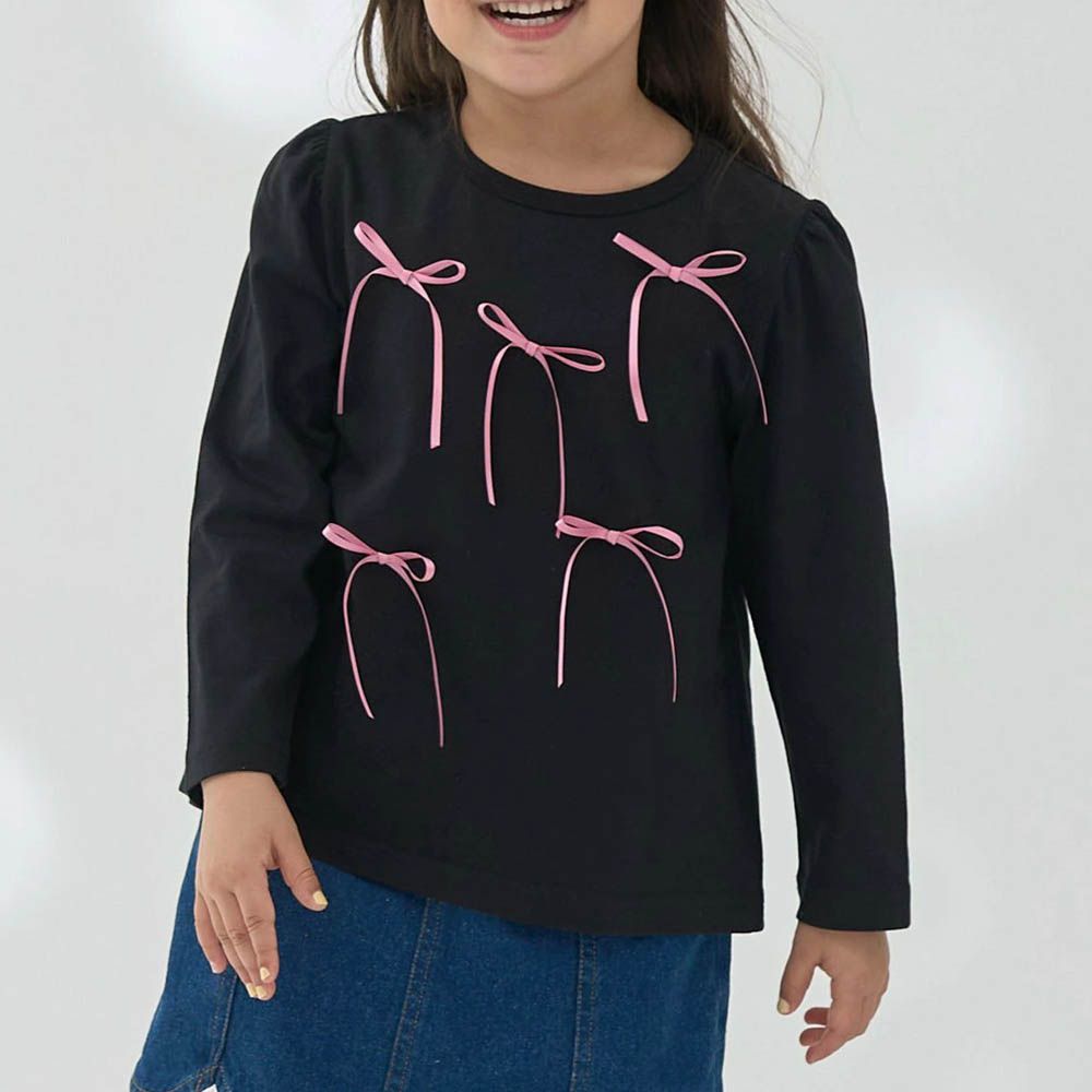 100%棉 夢幻蝴蝶結長袖上衣-黑