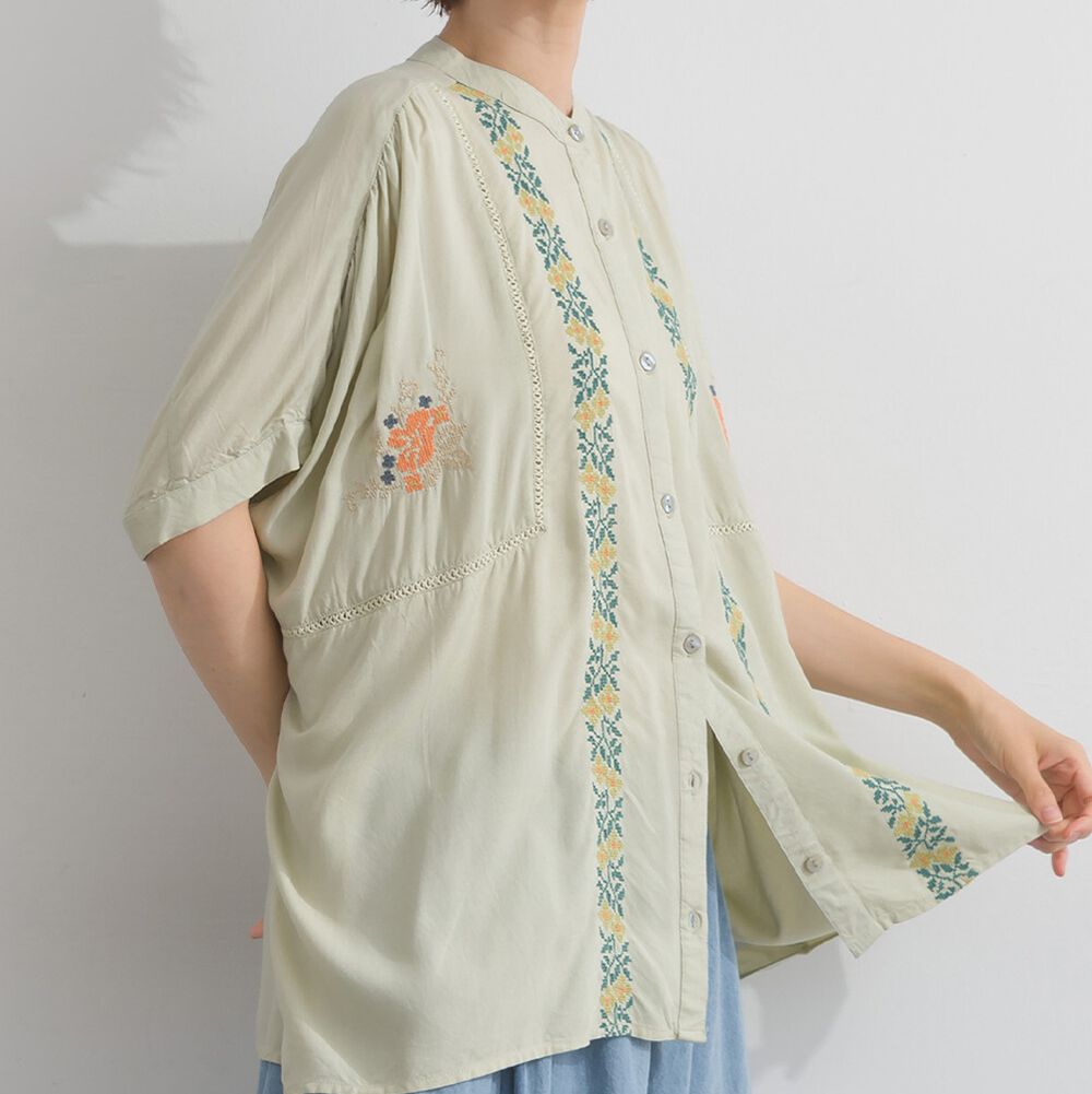 印度棉 質感民族風刺繡開襟短袖上衣-薄荷綠