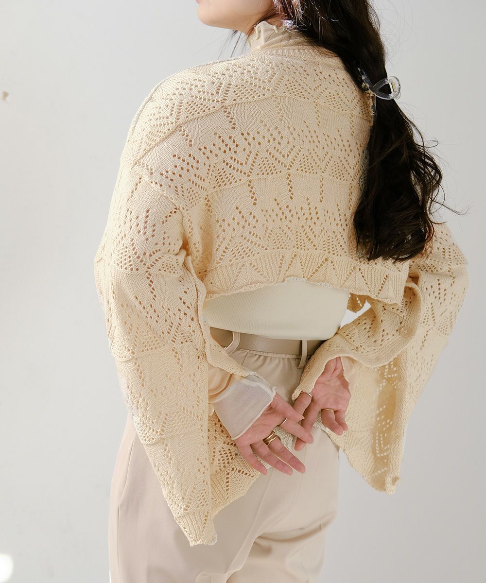 日本 Bou Jeloud - 鏤空設計短版寬袖針織上衣-米