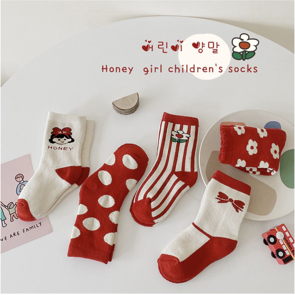 love, charlotte - 冬季紅色系可愛女孩毛圈內裡厚棉襪 ( 5雙一組）