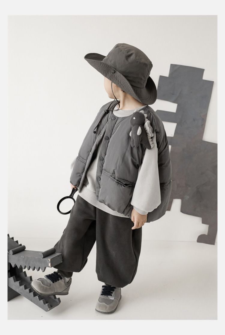 TONGMO - (加絨)腰鬆緊休閒束口長褲-描邊恐龍-深灰色