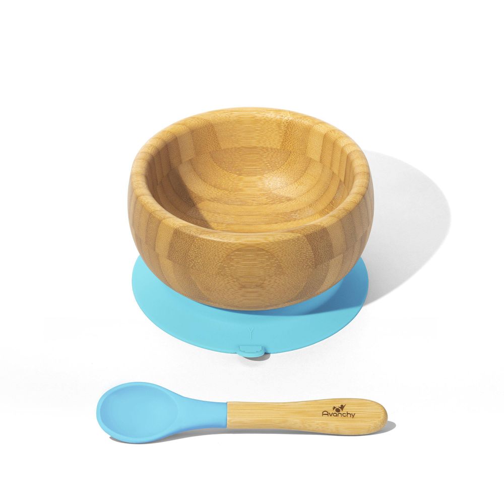 Avanchy - 有機竹製吸盤式餐碗套裝-附有機竹製矽膠湯匙-短柄-藍