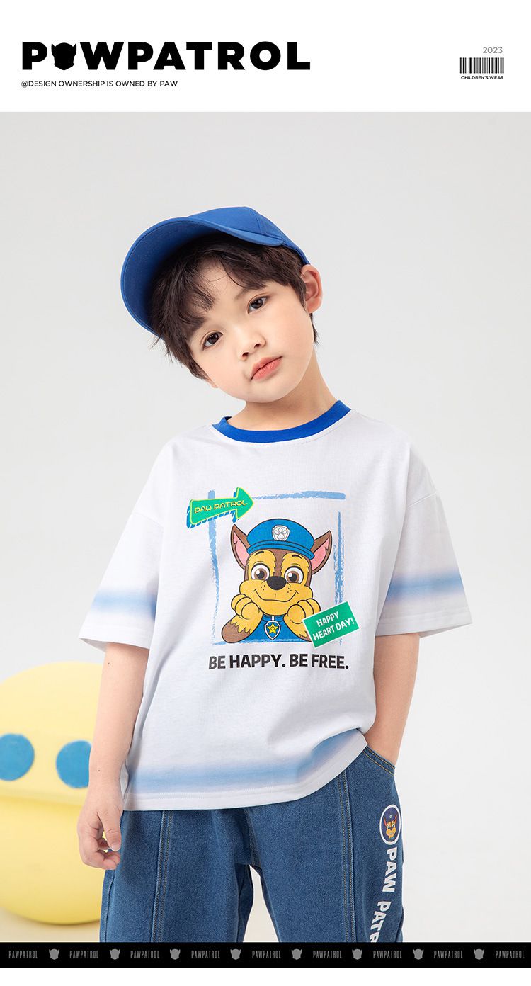 汪汪隊漫畫風圓領短袖上衣-卡通人物阿奇+毛毛-白+藍