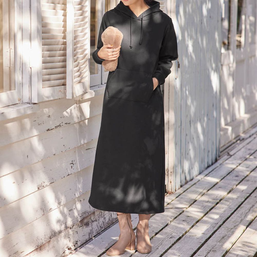 極上溫暖 裏起毛修身帽T長袖洋裝-黑