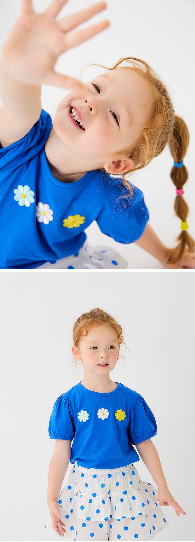 韓國 OZKIZ - 刺繡圓花裝飾層次短袖套裝-寶藍X白