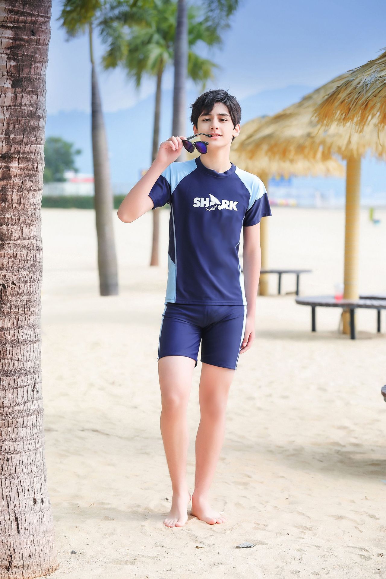 大童男孩短袖泳衣套裝(二件組)-SHARK-黑色-泳衣、泳褲