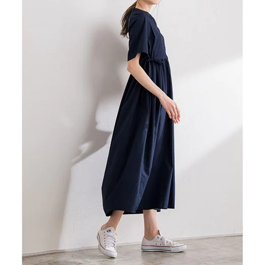 日本 BELLUNA - 森之精靈側綁帶縮腰長洋裝-靜謐黑