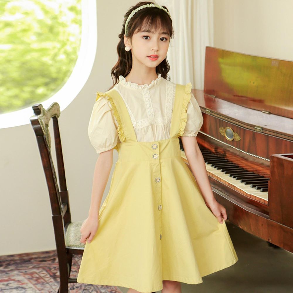 純棉木耳領短袖吊帶裙套裝-黃+米白
