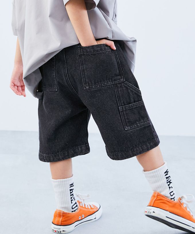 日本 devirock - 帥氣大口袋畫家風丹寧五分褲-黑