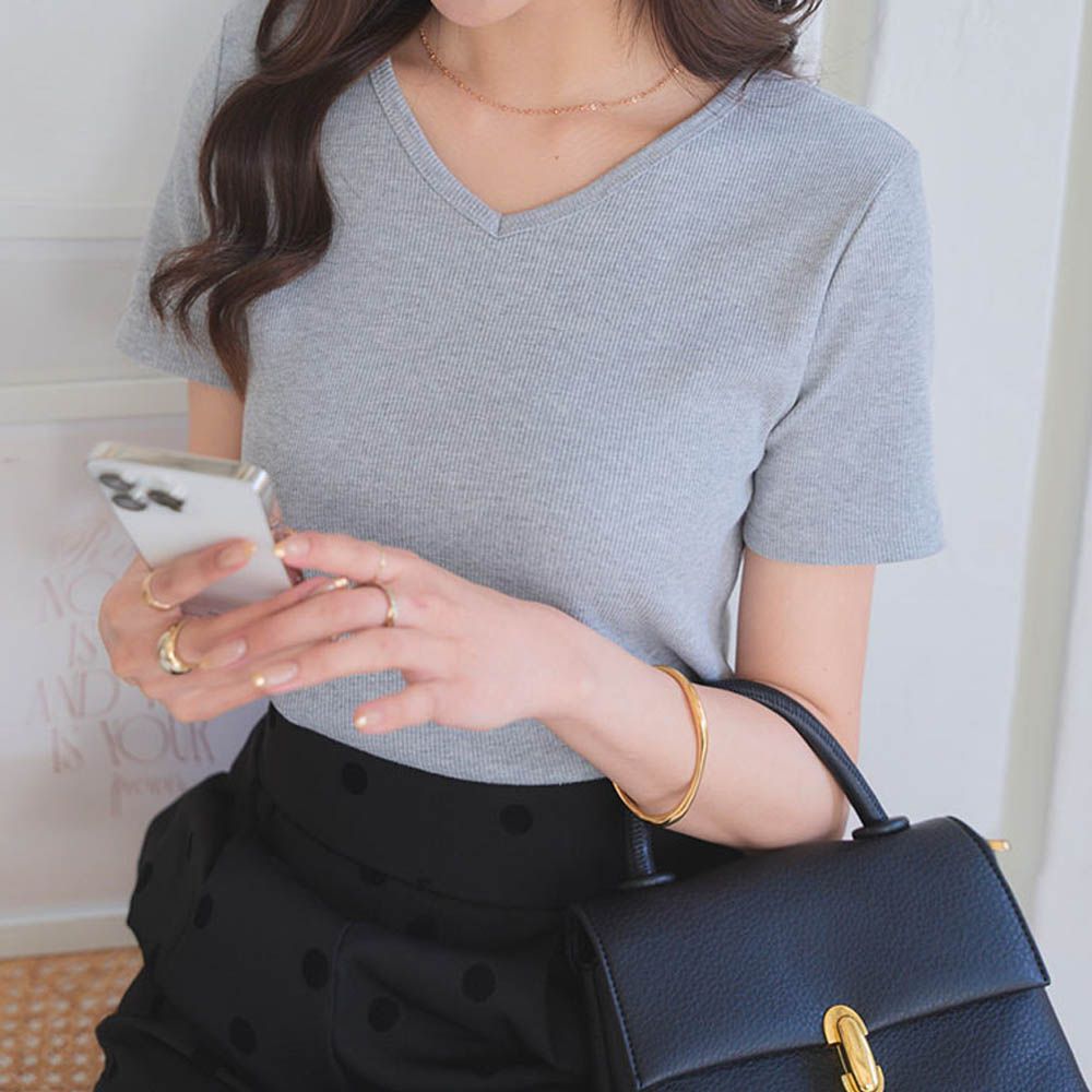 [人氣定番]彈性羅紋短袖上衣-(可選領)-淺灰