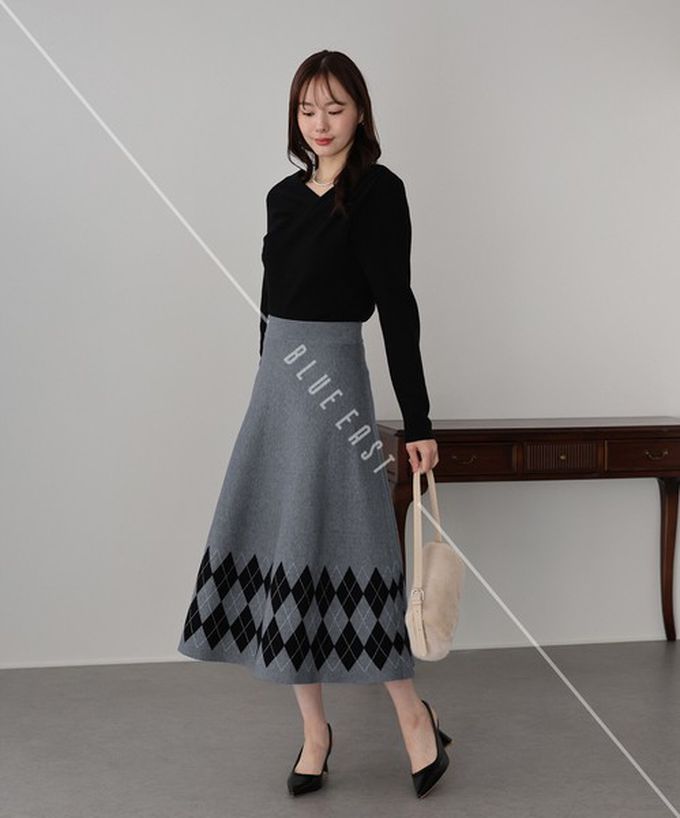 日本 BLUE EAST - 氣質女伶全腰鬆緊皺摺長裙-菱格-灰 (M)