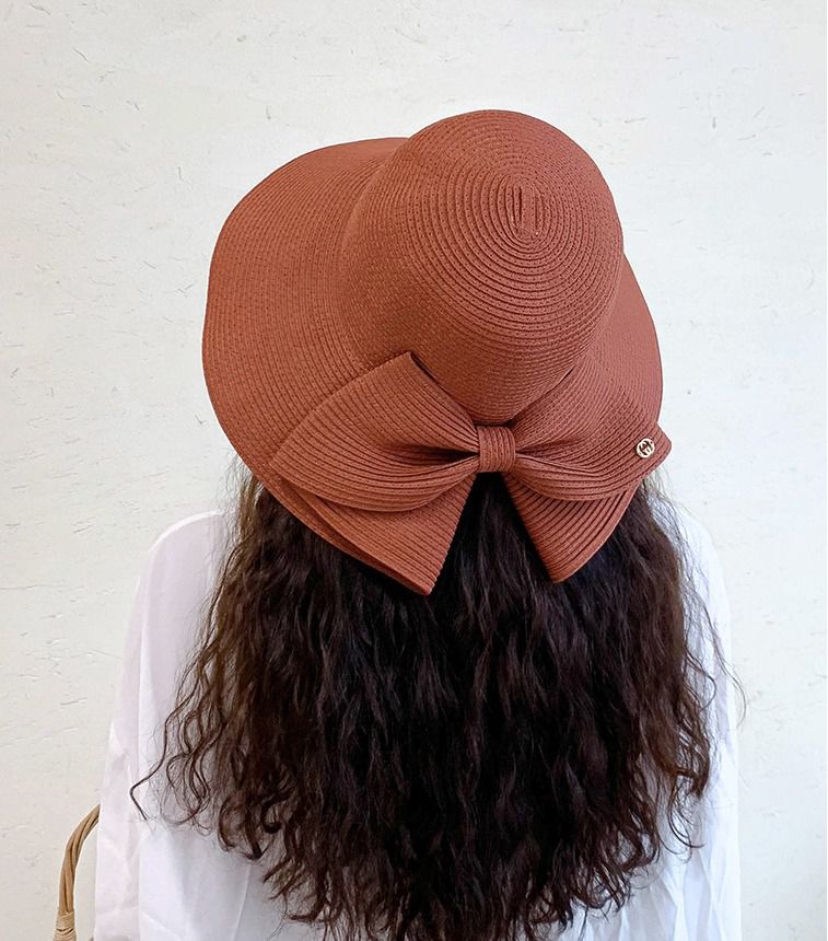 可折疊大帽沿防曬草帽-後開衩蝴蝶結-鐵灰色 (56-58cm)