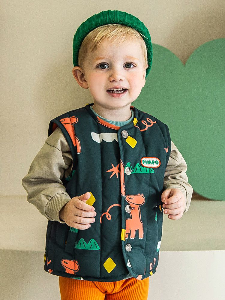 韓國Pimpollo - 手繪風自信恐龍保暖背心-灰