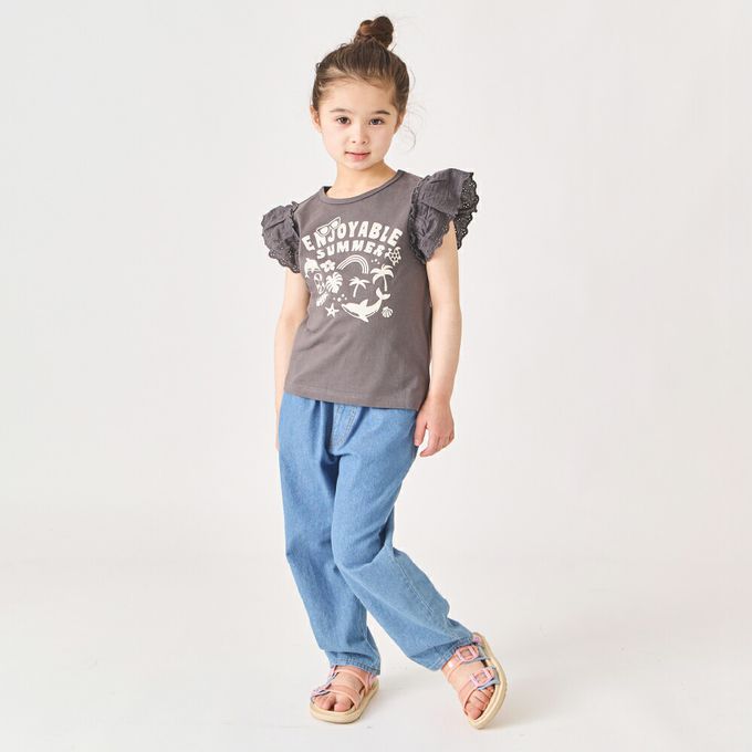 日本 evercloset - 100%棉 蕾絲荷葉邊印花短袖上衣-黃