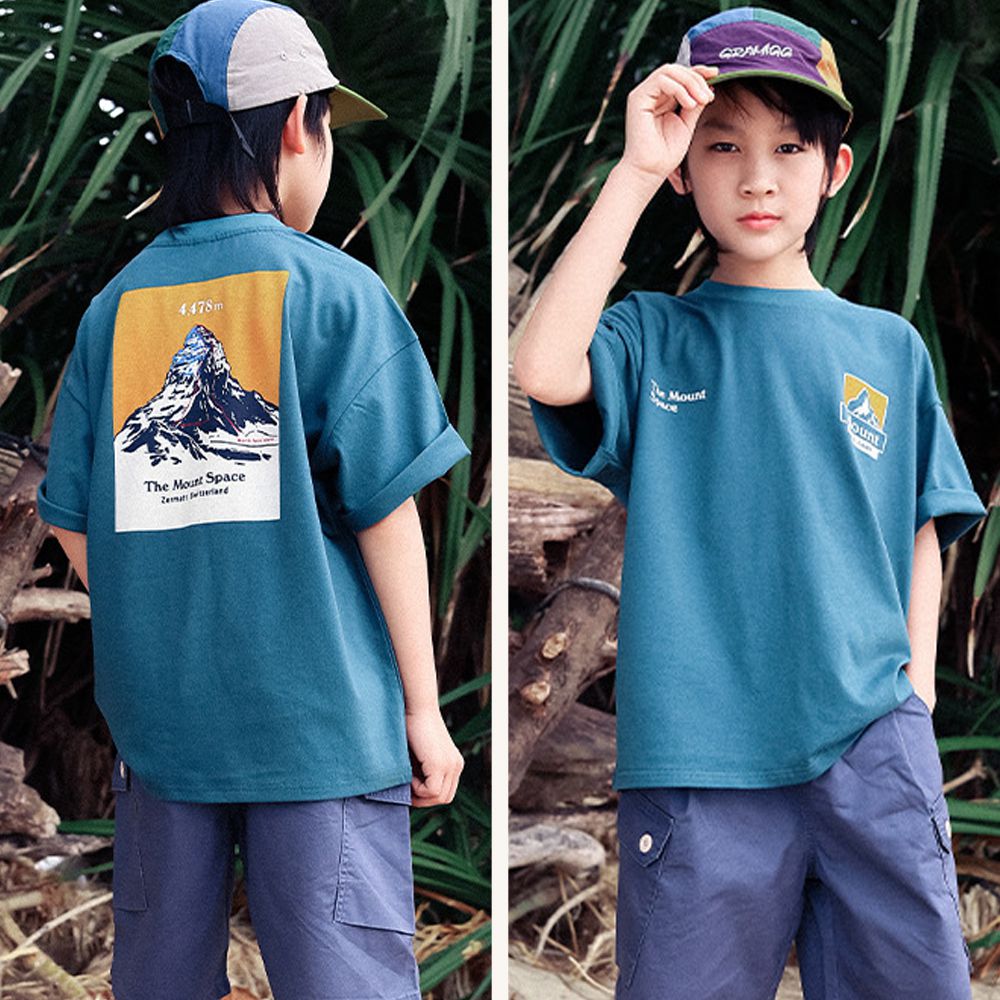 純棉圓領短袖上衣-巔峰視界-藍綠