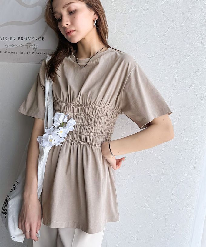 日本 Classical Elf - 魅力腰皺摺修身短袖上衣-淺棕