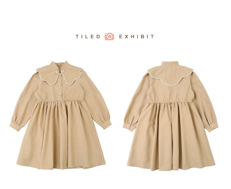 娃娃領燈芯絨長袖洋裝-卡其色