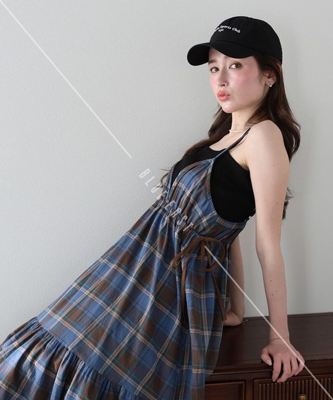 日本 BLUE EAST - 可愛格紋側蝴蝶結細肩帶洋裝-棕咖 (M)