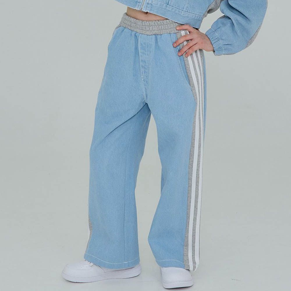 鬆緊腰異材質拼接風格直筒褲-淺藍X灰