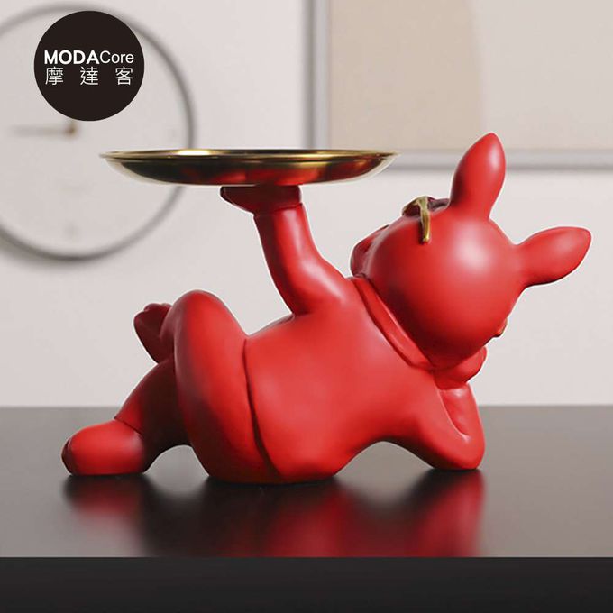 MODACore 摩達客 - 摩達客◉春節開運招財◉帥氣墨鏡狗鬥牛犬頂托盤擺飾-紅色款-聚寶盆糖果收納