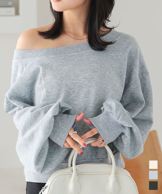 日本 Kobe Lettuce - 大U領露肩寬袖運動風長袖上衣-米白