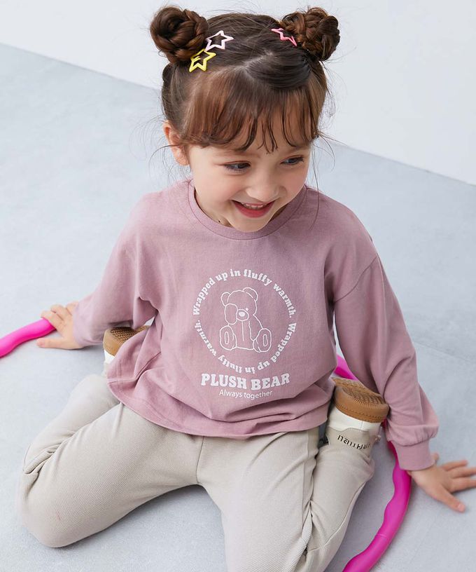 日本 devirock - 100%棉 定番女孩印花長袖上衣-小熊-煙燻粉