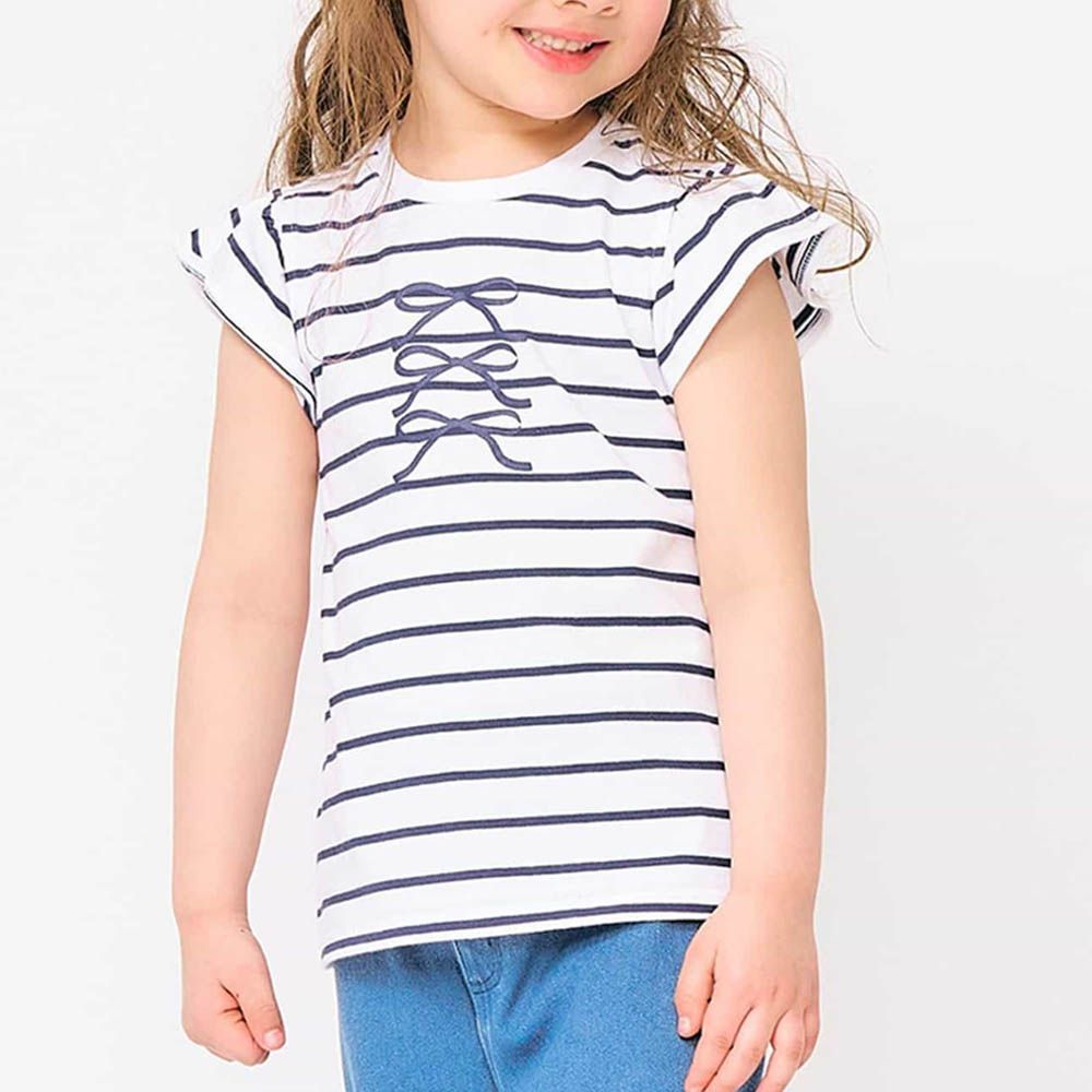 清爽印花荷葉短袖上衣-蝴蝶結條紋-深藍x白