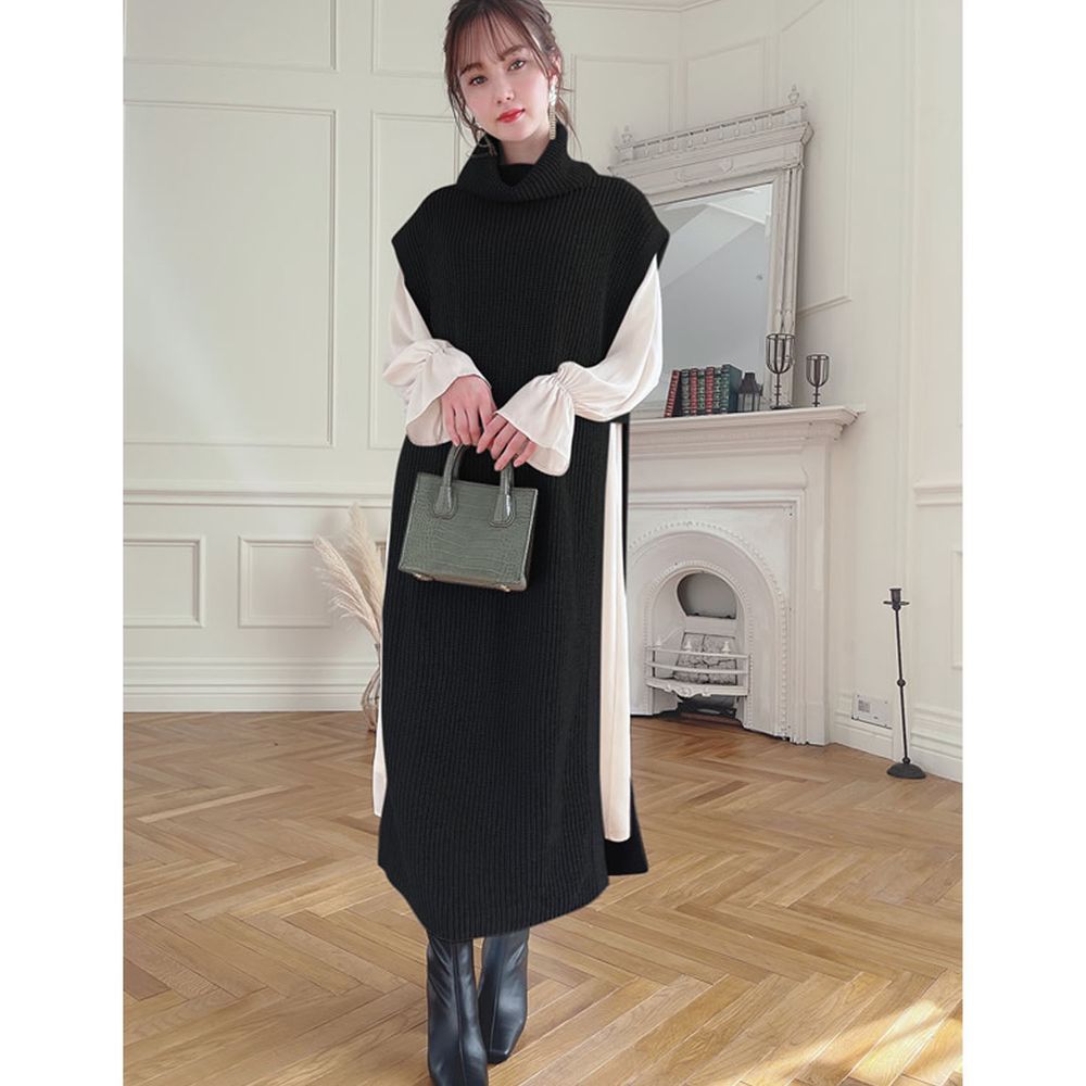 日本 GRL - 高領羅紋長版背心x糖果袖長袖洋裝兩件組-黑