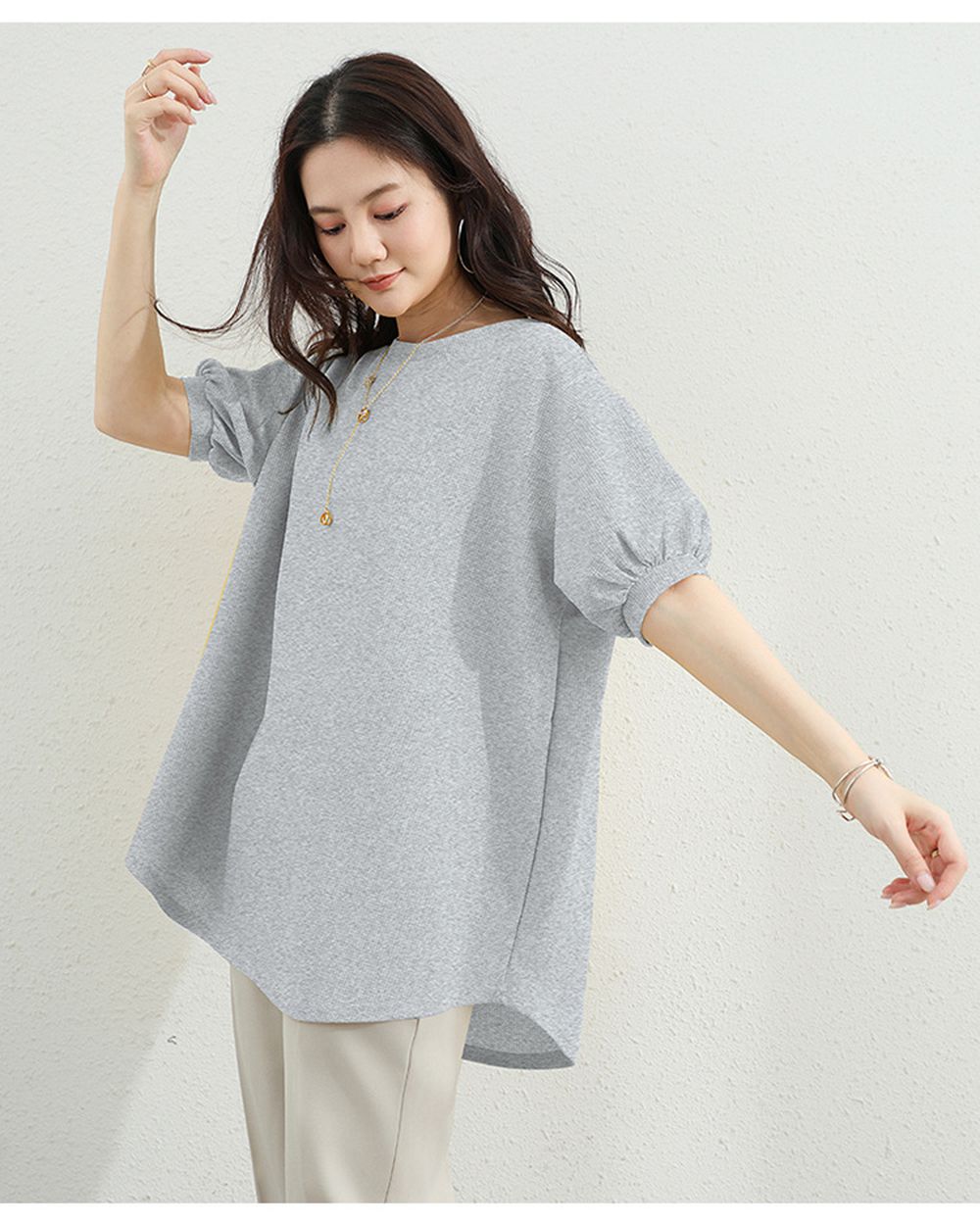 甜美華夫格燈籠袖長版上衣-淺灰色 (F)