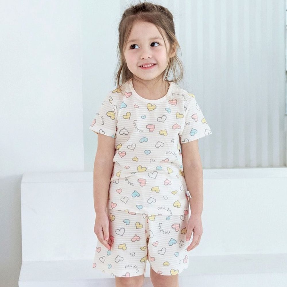 透氣條紋提花棉短袖家居服-馬卡龍愛心-米膚