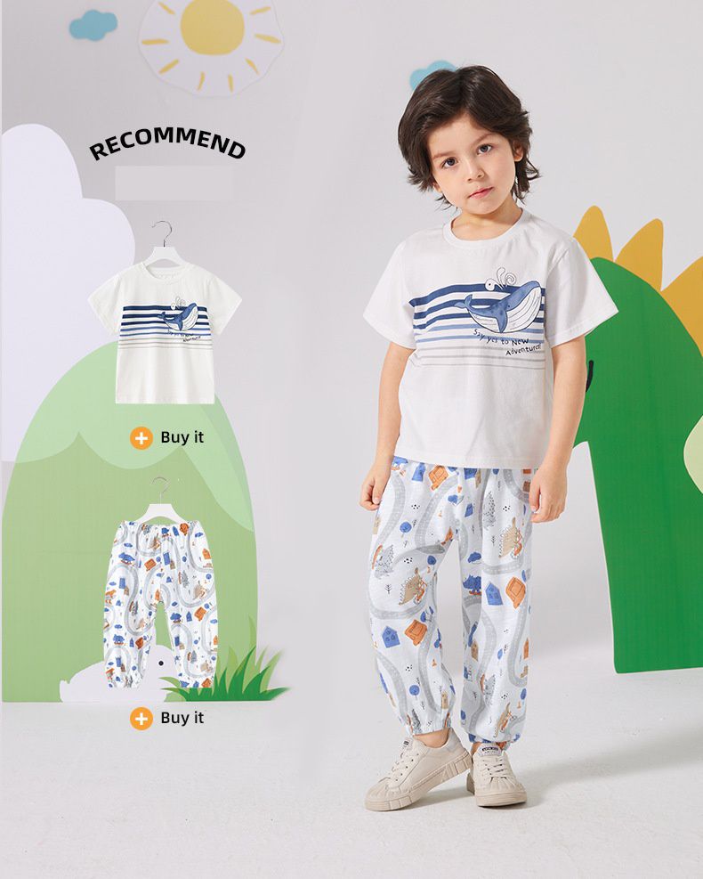 純棉束口長褲/防蚊褲-恐龍城鎮-白色