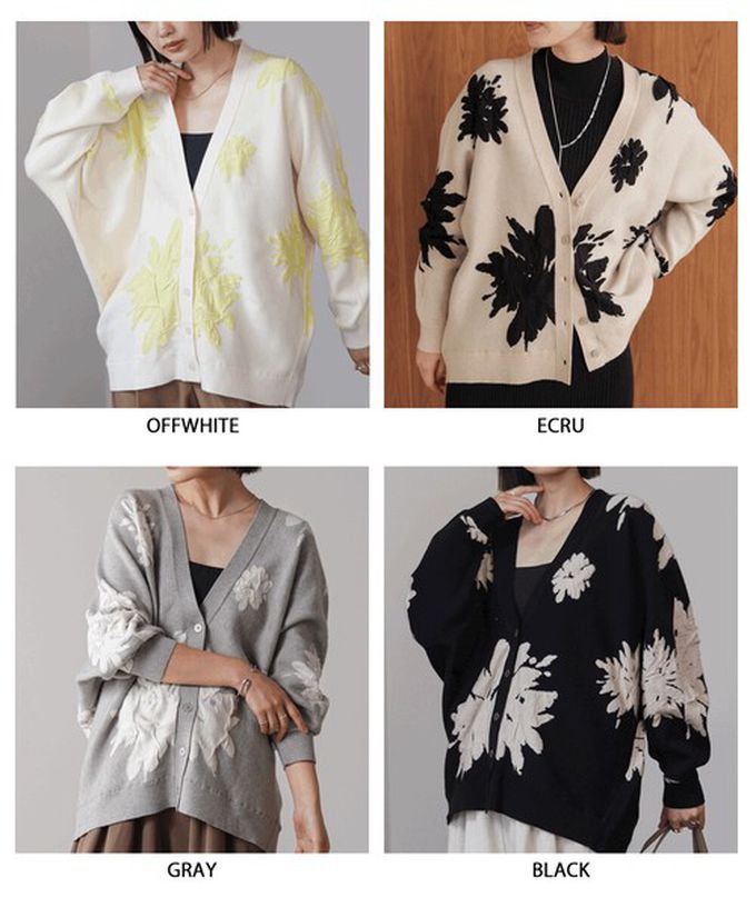 日本 Bab - 唯美花卉寬鬆感針織開襟外套-杏黑