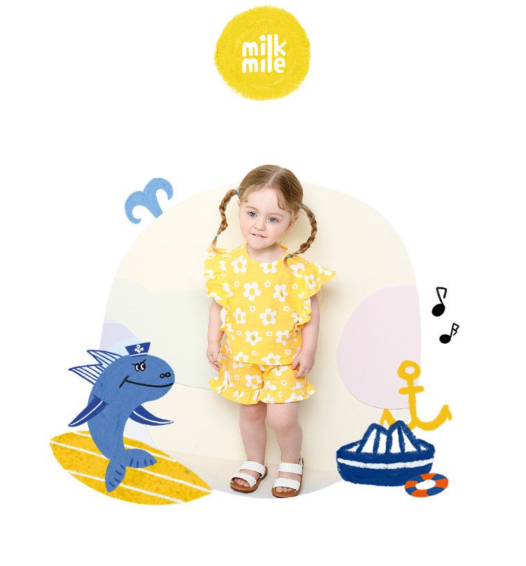 韓國 milk mile - 滿版花朵荷葉點綴套裝-黃X白花