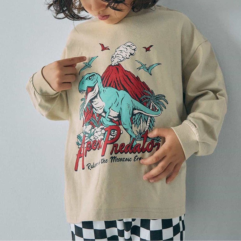 純棉百搭印花長袖上衣-火山暴龍-淺卡其