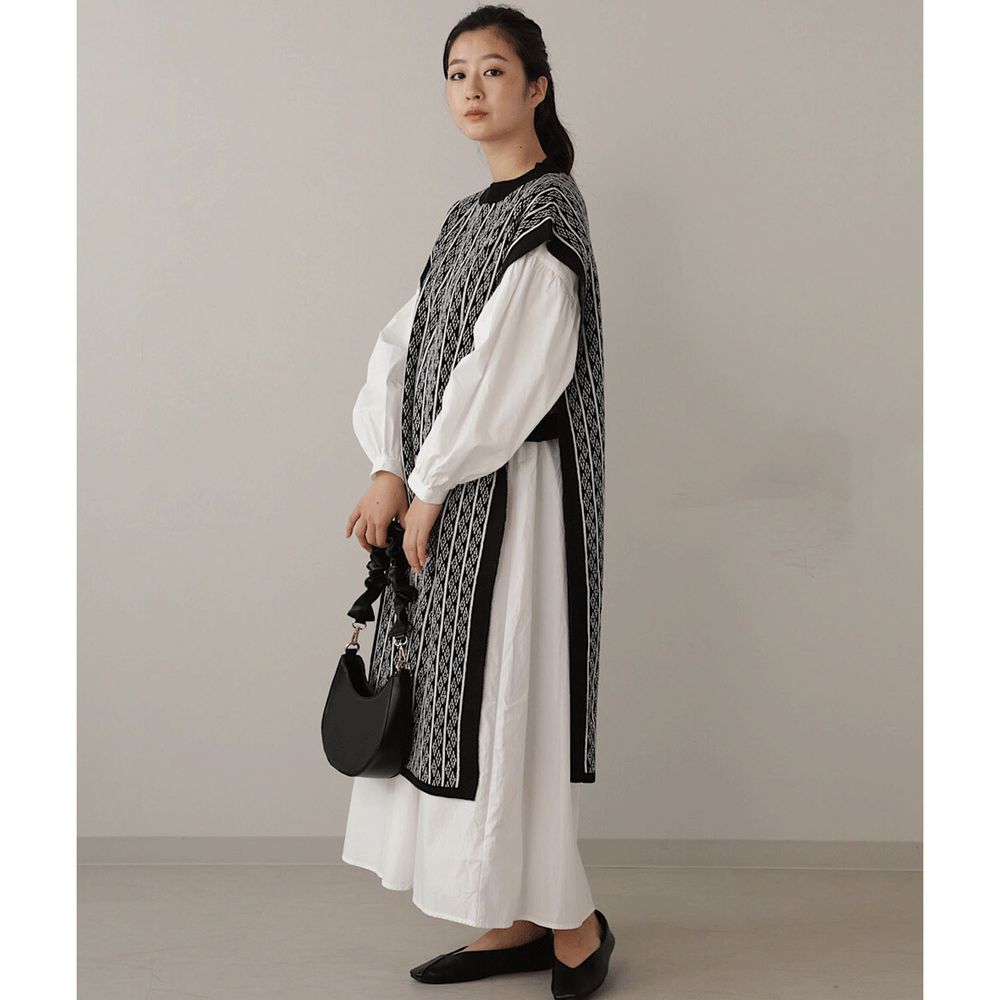 日本 Bou Jeloud - 民族圖騰側開岔長版針織背心洋裝-黑底
