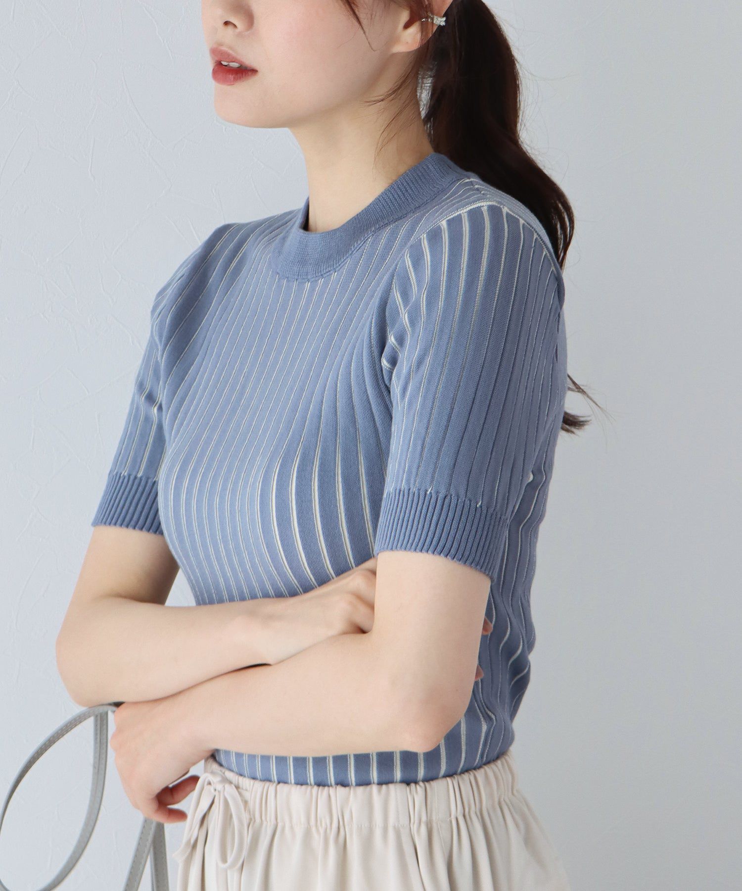 日本 BLUE EAST - 彈性寬羅紋薄針織短袖上衣-淺粉x白