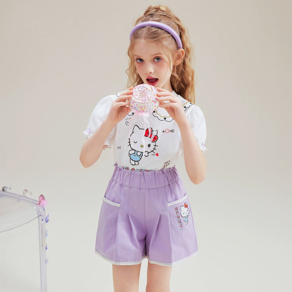 純棉花苞短袖上衣+短褲套裝-卡通人物Hello Kitty-白色