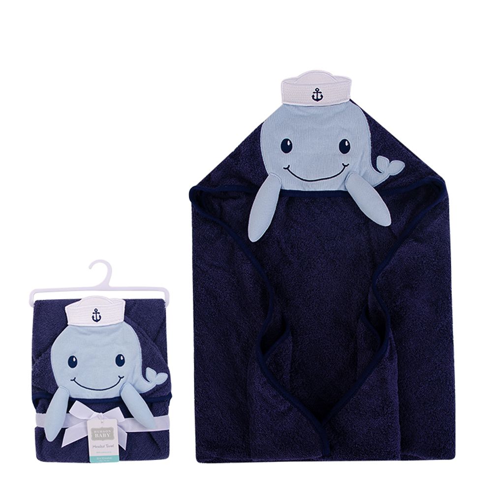 美國 Luvable Friends - 甜蜜寶貝100% 純棉嬰幼兒動物造型連帽浴巾/包巾-藍色鯨魚