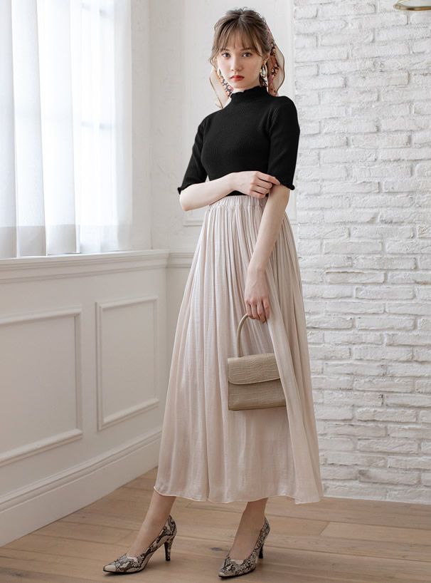 日本 GRL - 木耳邊小高領羅紋五分袖上衣-黑