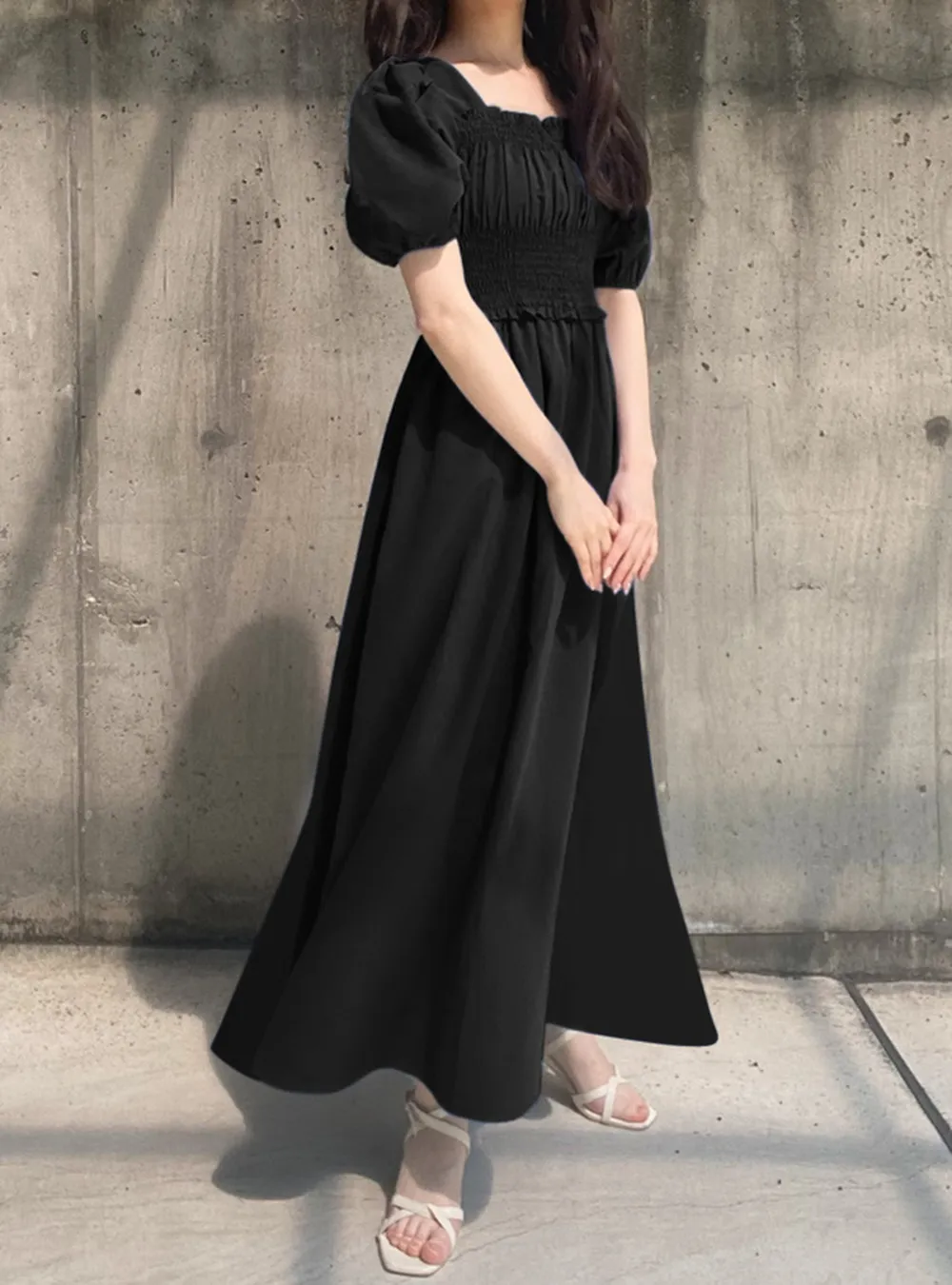 日本 GRL - 優雅公主方領泡泡袖洋裝-星塵藍 (M)