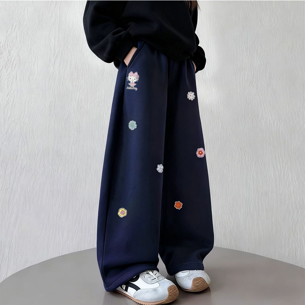 加絨保暖小花彎刀褲/繭型褲-卡通人物Hello Kitty-藏青