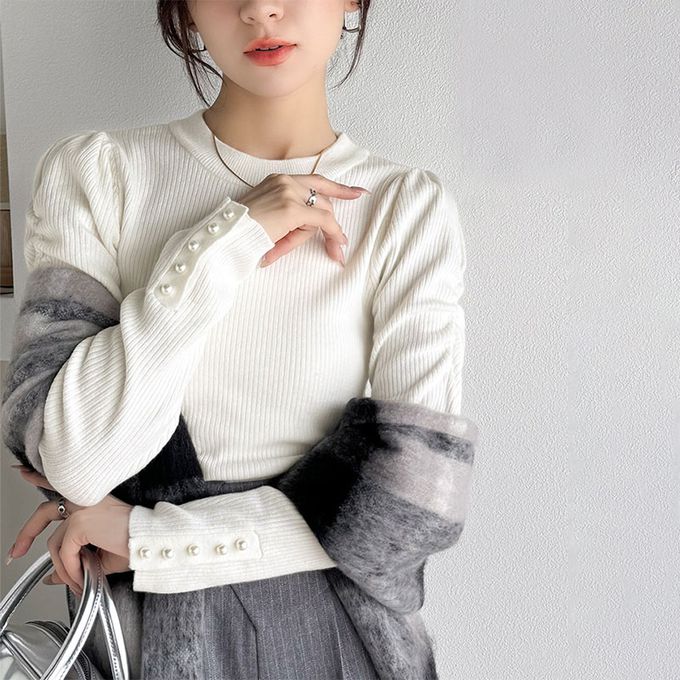 日本 Classical Elf - mily bilet 珍珠點綴泡泡袖針織上衣-淺粉