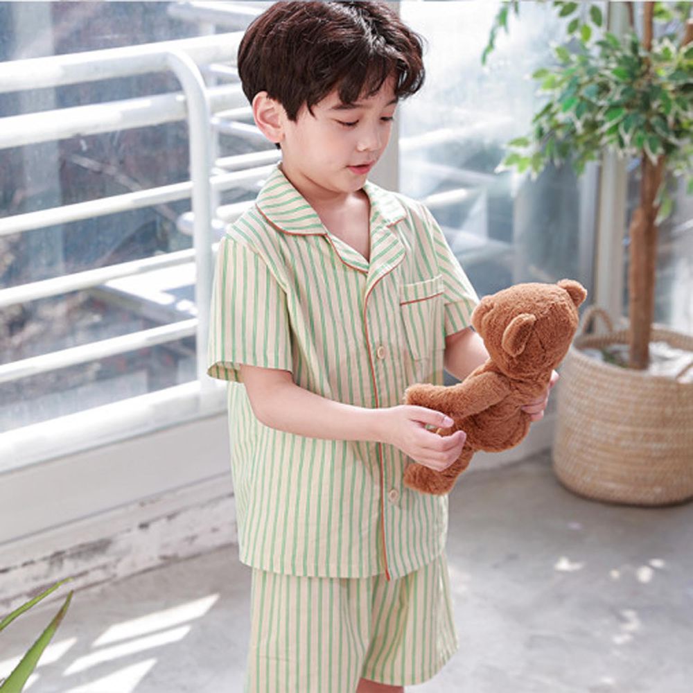 韓國 Ppippilong - 40支棉透氣短袖睡衣套裝-綠直線紋