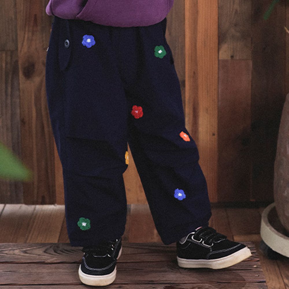 防潑水加絨保暖工裝長褲-小花刺繡-藏青