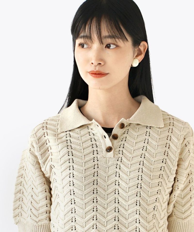 日本 zootie - 人字紋鉤針翻領短袖上衣-米杏