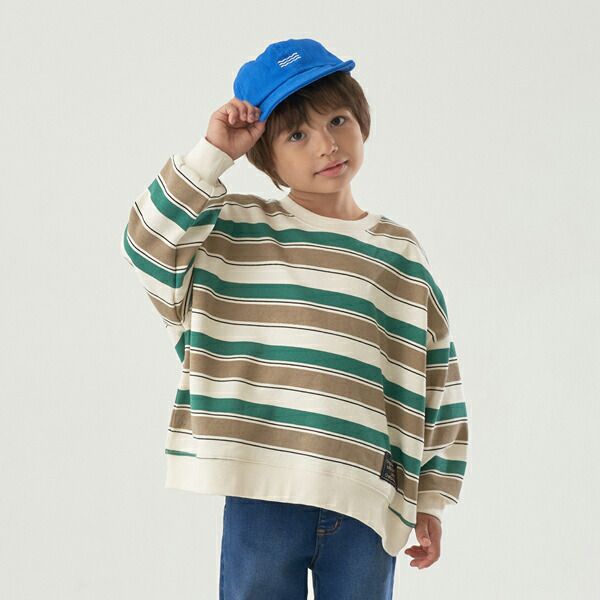 日本 b-ROOM - 裏起毛亮色系大落肩條紋上衣-黑灰系