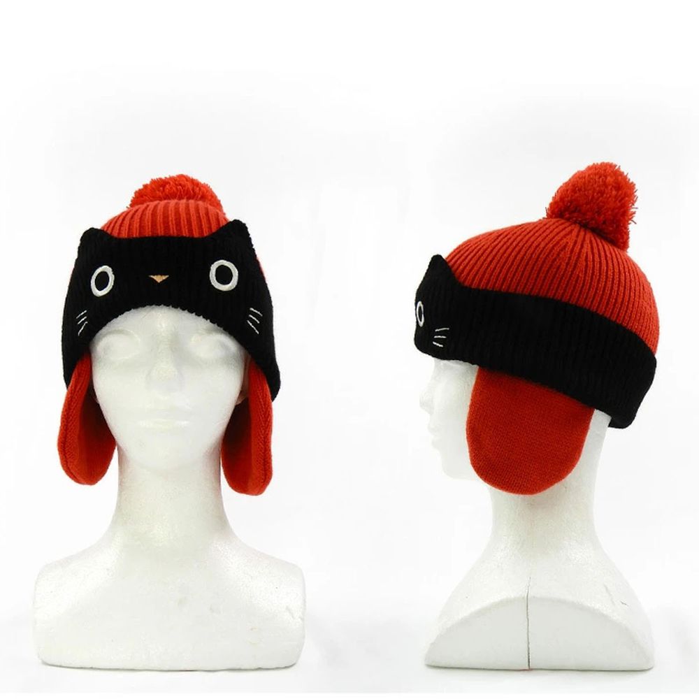 日本 ZOOLAND - 護耳羊羔絨保暖毛帽-小黑貓-紅 (頭圍50-54cm)