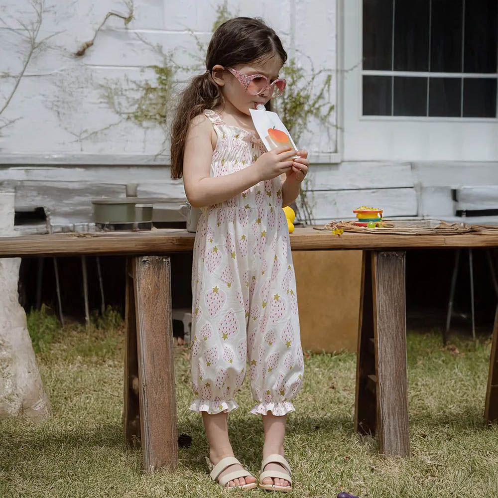 酸甜草莓印抓褶細肩連身褲-白