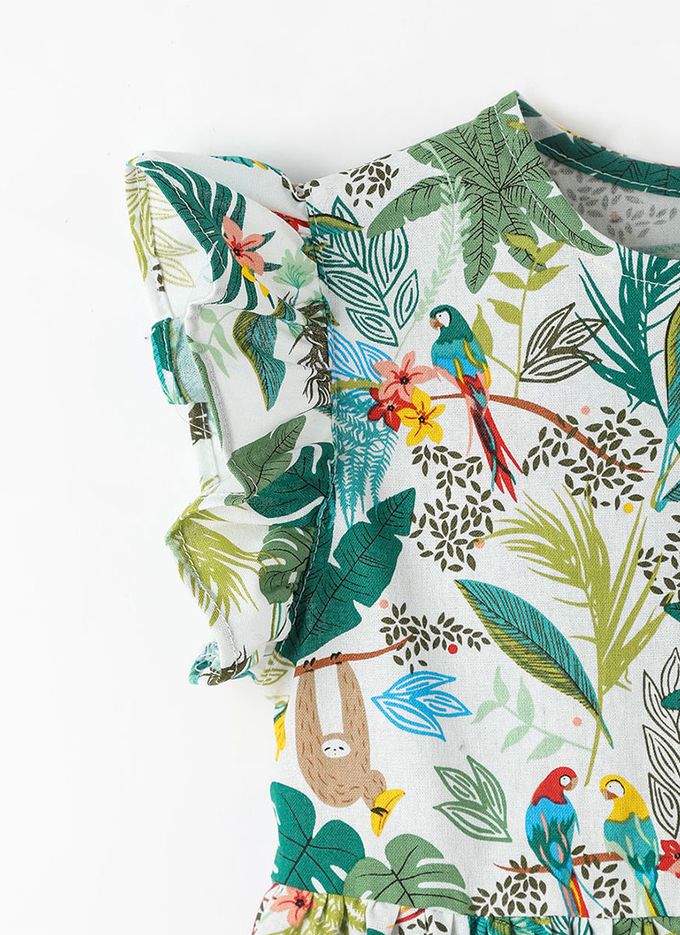 韓國 OZKIZ - (附包包帽子)熱帶棕櫚印飄逸荷葉袖洋裝-白X綠